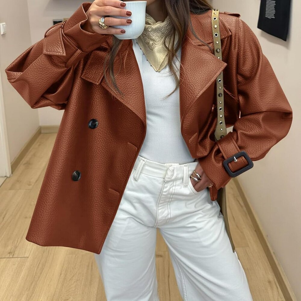 "Womens brick red Textured Faux Leather Oversized  Jacket Fall Outer - Picture 6 of 6